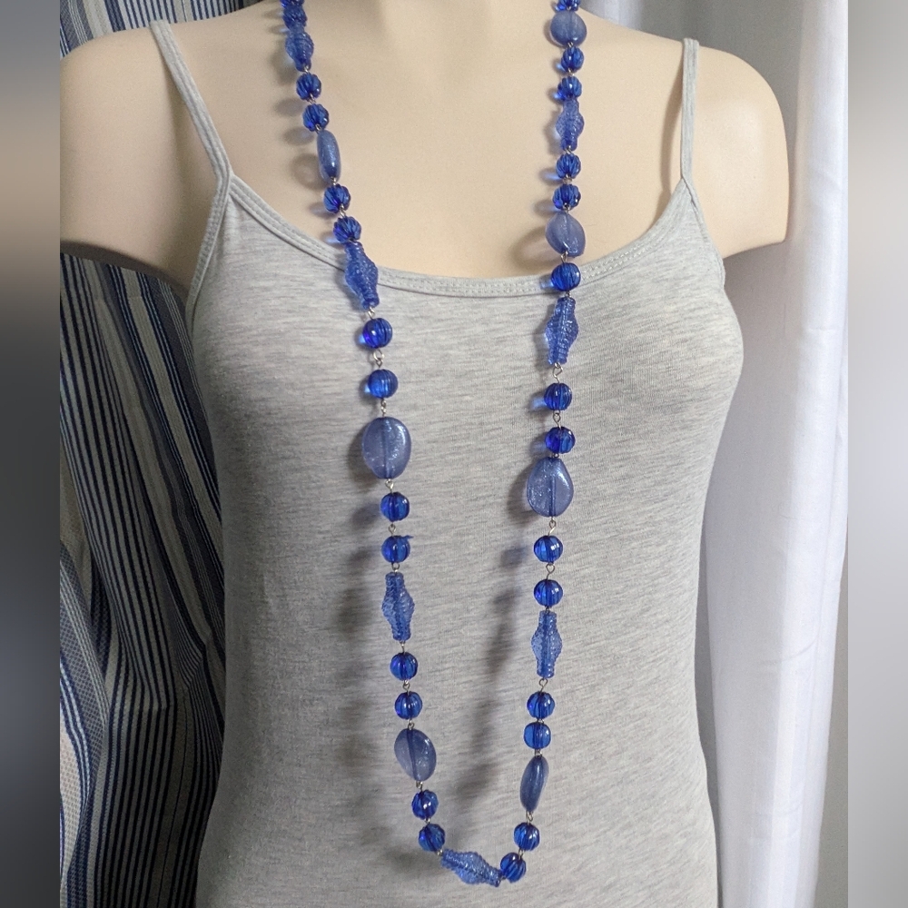Vintage Long Blue Beaded Necklace Boho Hippie Gypsy Office Casual Bohemian